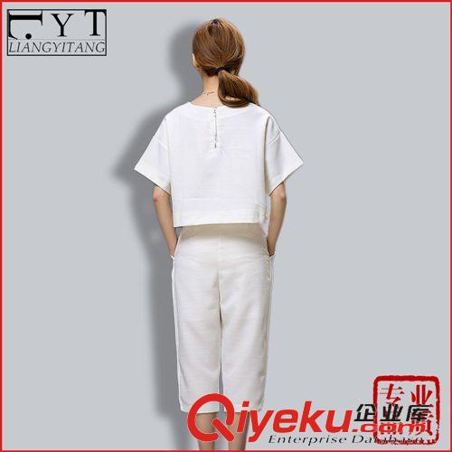 精品套裝【夏】 2015歐洲站春夏女裝新款 時尚百搭寬松顯瘦 圓領中袖袖純色套裝