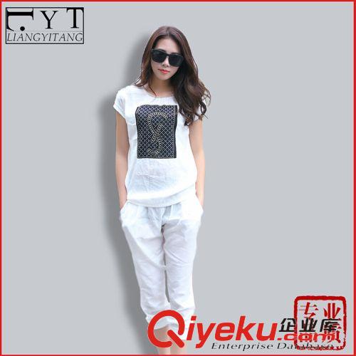 精品套裝【夏】 韓版夏女裝新款 大碼寬松胖MM顯瘦潮流短袖圓領 印花釘珠運動套裝