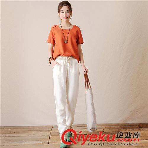 2015年5月新款 2015夏季新款簡(jiǎn)約時(shí)尚透氣棉麻休閑女長(zhǎng)褲 拼色松緊腰寬松哈倫褲原始圖片2