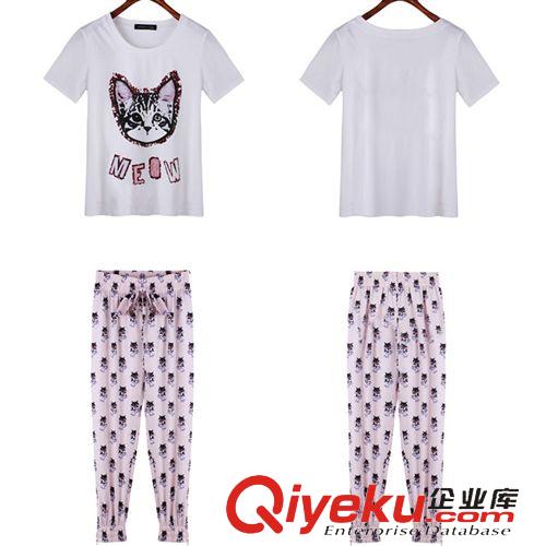 套裝 2015夏季女裝新款可愛貓咪印花短袖T恤+狐貍印花哈倫褲休閑套裝原始圖片3