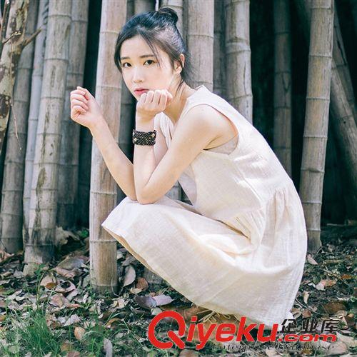 民族風系列(棉麻) 原創2015夏新款日系森女系竹節麻背心裙小V領純色無袖連衣裙民族原始圖片2