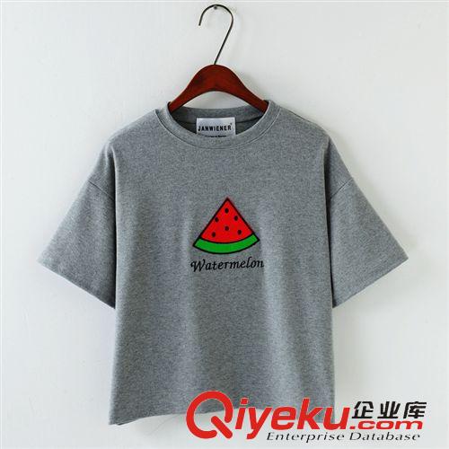 T恤短袖 韓國可愛西瓜草莓香蕉蘿卜刺繡字母糖果色寬松短袖T恤女原始圖片2