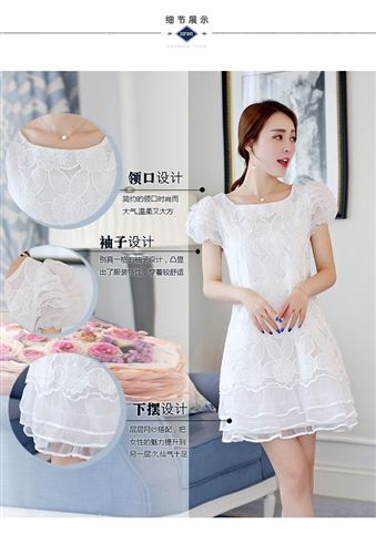 店長推薦 2015款歐根紗繡花蕾絲韓版大碼女裝修身女式短袖連衣裙廠家直銷原始圖片3
