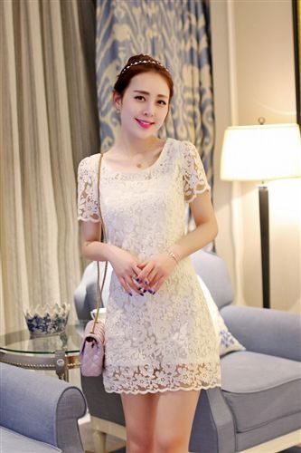 店長推薦 2015款歐根紗繡花蕾絲韓版大碼女裝修身女式短袖連衣裙廠家直銷原始圖片3