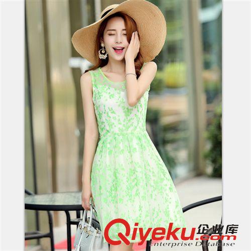 店長主推新款2 2015夏女裝新款 韓版歐根紗無袖刺繡連衣裙 品牌大碼無袖大擺裙