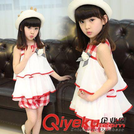 女童專區(qū) 品牌同童裝 2015新款夏裝 女童公主裙套裝時尚格子花朵套裙夏原始圖片2