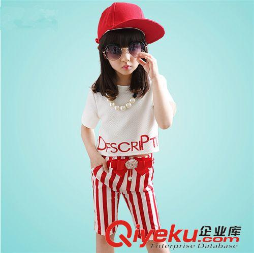 批發(fā){za} 2015新款童裝女童 夏裝套裝兒童短袖T恤條紋中褲子休閑運(yùn)動(dòng)原始圖片3