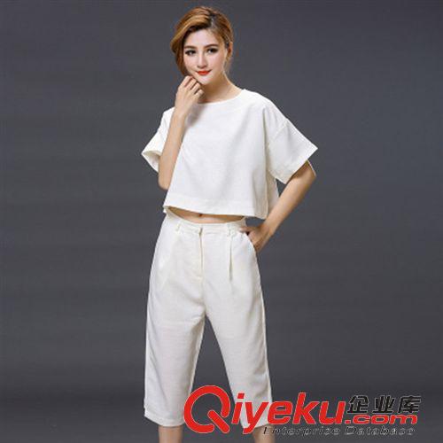 時尚休閑套裝 2015夏新款女士兩件套歐美時尚dp短袖上衣職業修身白色休閑套裝原始圖片3