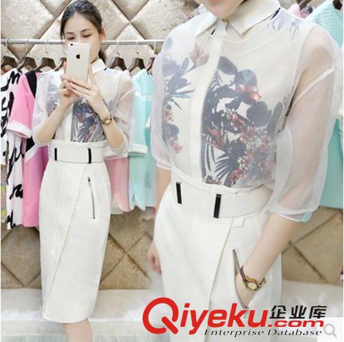 套裝 2015夏新款韓版三件套印花雪紡衫修身棉麻半身裙歐根紗時(shí)尚套裝女原始圖片2