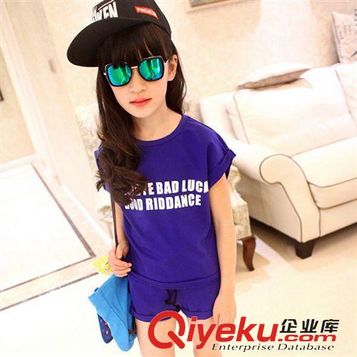 一件代發 童裝2015新款韓女童夏版中大童唇印T恤蕾絲背心短褲兒童三件套裝