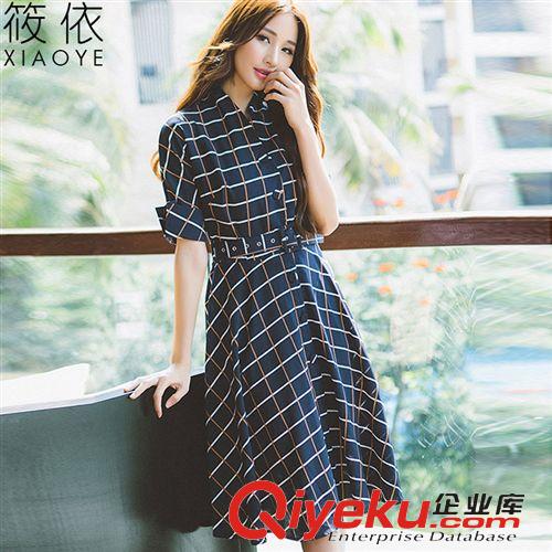 裙子 2015夏裝新款印花格子雪紡連衣裙女五分袖中袖韓版大擺裙修身長(zhǎng)裙原始圖片2