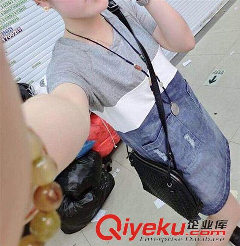 四月新款 2015夏季女裝新款條紋拼接短袖牛仔半身裙連衣裙原始圖片3