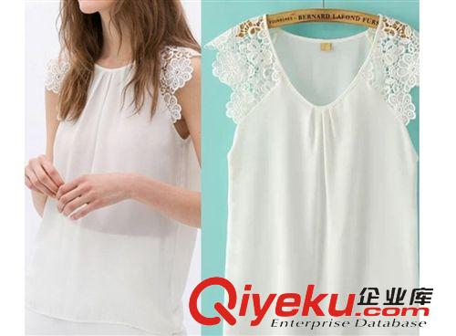 雪紡衫/蕾絲衫 2015夏季新款蕾絲花拼接背心襯衫 鏤空花邊袖女雪紡上衣原始圖片2