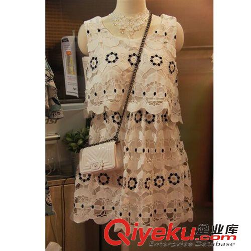 單件掛拍 東大門蕾絲連衣裙兩件套女無袖上衣+鉤花裙時尚甜美小香風套裝