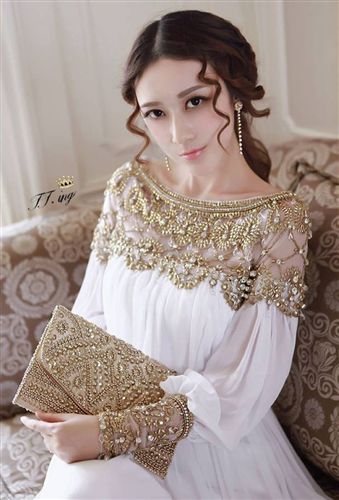 波西米亞連衣裙 歐洲站gd精品女裝希臘女神范菁菁 宮廷風(fēng)重工釘珠白色雪紡長裙