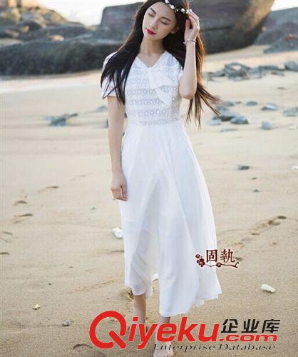 波西米亞連衣裙 韓國東大門海的女兒春夏新款仙女鉤花拼接蕾絲系帶蝴蝶結連衣裙