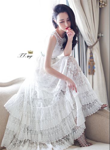 春季明星同款 歐美gd張辛苑明星同款超仙白色仙女蕾絲三層花邊大擺連衣裙原始圖片2