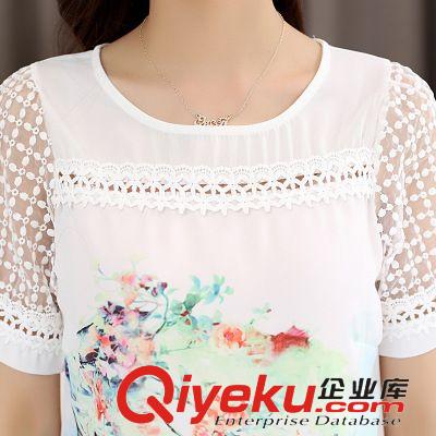 雪紡紗/蕾絲衫 2015新款女裝短袖T恤女印花韓版寬松雪紡衫蕾絲鏤空打底上衣原始圖片3