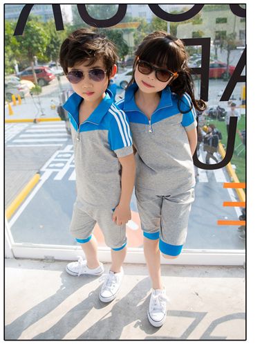 童裝 夏裝2015新款拼接短袖襯衫時(shí)尚校服班服童套裝廠家直銷童裝短袖原始圖片2