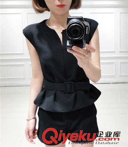 韓版短袖夏裝 2015夏裝 韓版時尚新款純色無袖休閑ss套裝歐美短褲（配腰帶）原始圖片3
