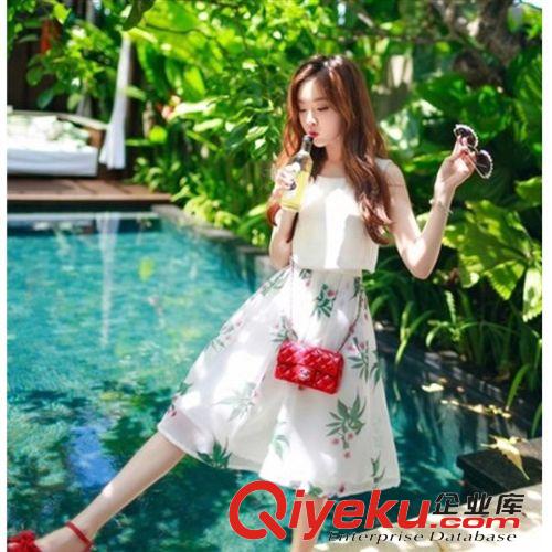 韓版短袖夏裝 2015夏裝新款女裝假兩件套無袖印花連衣裙夏季中長款裙子