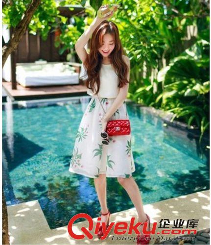 韓版短袖夏裝 2015夏裝新款女裝假兩件套無袖印花連衣裙夏季中長款裙子原始圖片2