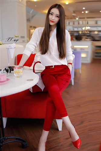 2015年夏裝爆款TOP 2015春裝新款菁菁秀千伊頌同款襯衣+彈力小腿休閑鉛筆原始圖片2