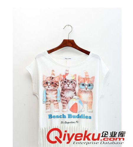 店長(zhǎng)推薦新品 2015新款貓咪流蘇T恤大碼女裝上衣韓版時(shí)尚百搭短袖短款潮T原始圖片3