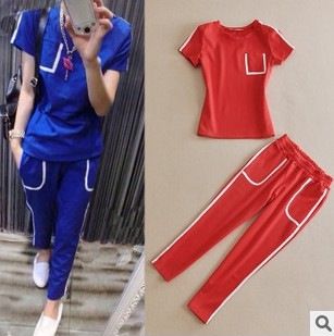 {新品推薦} 2015夏裝女裝新款撞色織帶邊短袖T恤衫+小腳褲休閑運(yùn)動套裝原始圖片2