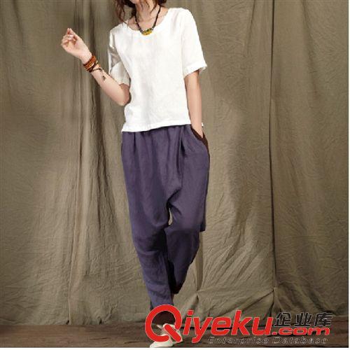 {一件代發(fā)區(qū)} 原創(chuàng)文藝2015新款女裝棉麻上衣純色亞麻t桖女短袖寬松小清新t恤