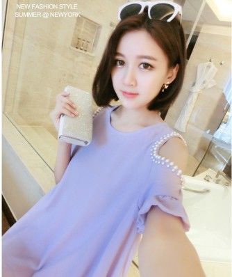 {一件代發區} 2015夏新款歐美氣質名媛釘珠露肩短袖圓領寬松純色雪紡衫上衣女原始圖片2