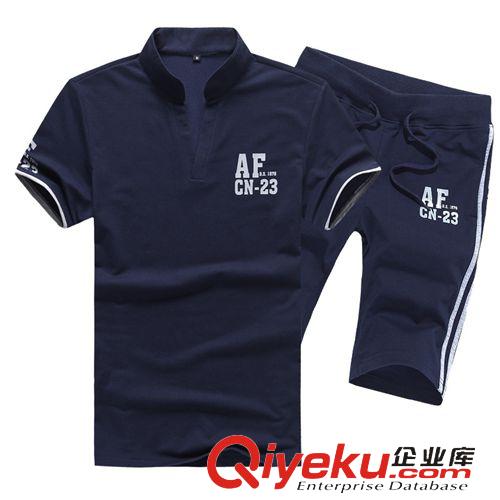 運(yùn)動(dòng)、休閑套裝 2015夏新運(yùn)動(dòng)休閑男裝立領(lǐng)T恤男短袖 韓版潮修身立領(lǐng)運(yùn)動(dòng)套裝批發(fā)