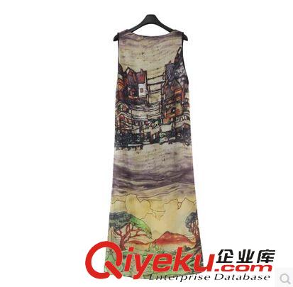 5.23新款 7298# 2015夏新款雪紡紗連衣裙 復(fù)古房子圖案無(wú)袖開(kāi)叉沙灘長(zhǎng)裙女原始圖片3