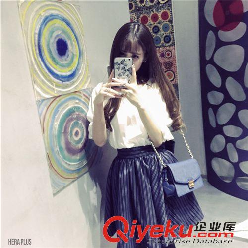 5.23新款 7297# 夏裝新品{dj2}定制重磅條紋后背蝴蝶結(jié)露肩短袖雪紡連衣裙女原始圖片2