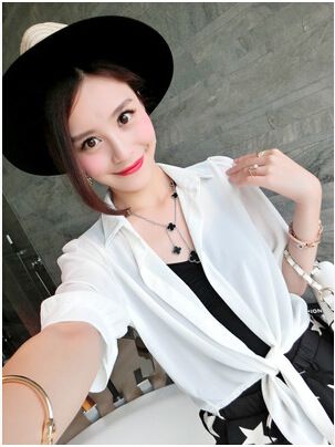 雪紡衫 7266#   夏裝新款簡約系帶雪紡防曬襯衫女原始圖片3