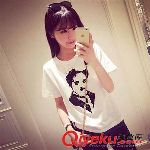 女式T恤 5036# 2015夏季新款 韓國街頭洋氣人頭印花白色短袖T恤女原始圖片3