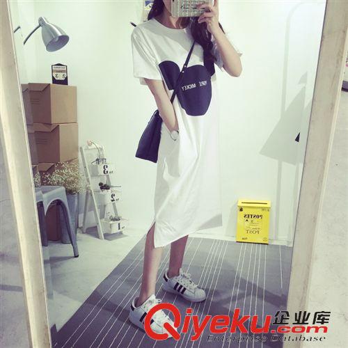 女式T恤 7107# 韓國夏季T恤女 可愛卡通米奇印花開叉中長款短袖連衣裙原始圖片3