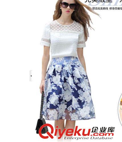 連衣裙 2015新款歐美dp女裝鉤花蕾絲上衣歐根紗A字裙兩件套裝裙女原始圖片2