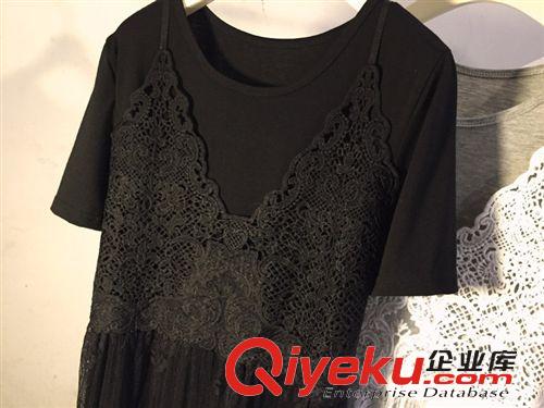 新款連衣裙 歐美2015春季新款中長T恤+蕾絲吊帶連衣裙兩件套套裝 女原始圖片2