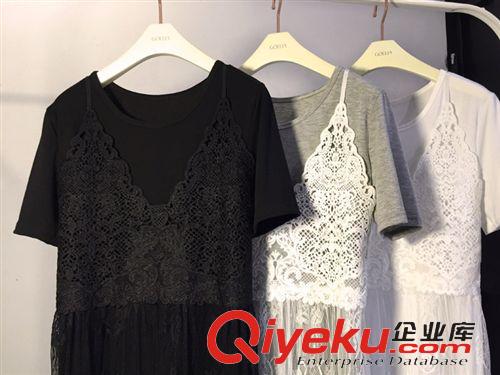 新款連衣裙 歐美2015春季新款中長T恤+蕾絲吊帶連衣裙兩件套套裝 女原始圖片3