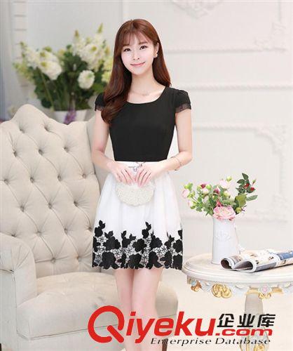 5月上新 2015夏季新款中長款連衣裙修身顯瘦淑女繡花短袖雪紡裙子女原始圖片3