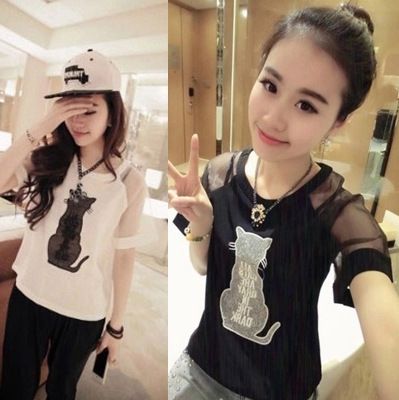 女士蕾絲衫 雪紡衫專區 1404#韓國新款女式大碼圓領短袖打底衫小碎花春夏裝雪紡衫