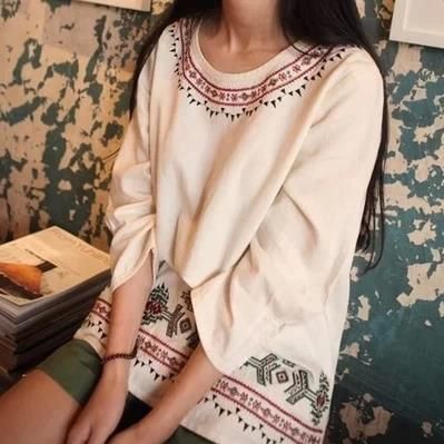 棉麻專區 1461#夏裝日系森女系長袖寬松原創民族刺繡瑪雅白色棉麻上衣原始圖片2
