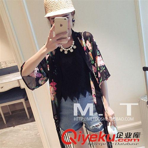 六月新款 2015 夏季新款韓版外搭花色防嗮開衫下擺流蘇花朵 雪紡衫女 8789原始圖片2