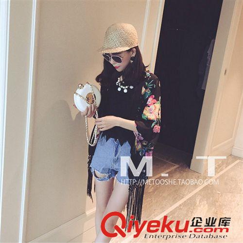 六月新款 2015 夏季新款韓版外搭花色防嗮開衫下擺流蘇花朵 雪紡衫女 8789原始圖片3