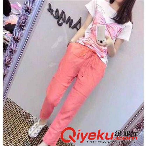 五月新款 歐洲站2015新款名媛印花T恤上衣棉麻九分褲時尚套裝 女夏 8739原始圖片2