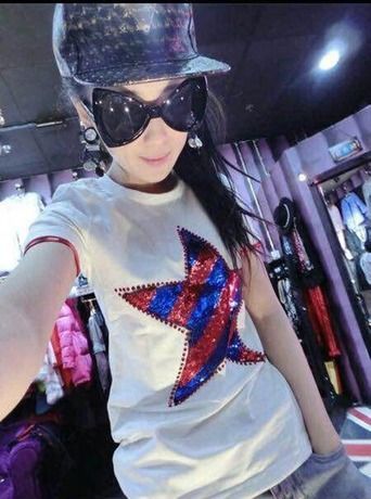 三月新款 8083歐洲站2015春款重工珠片刺繡五星圖案簡約經典純棉短袖T恤