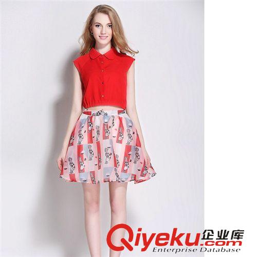 【套裝專區】 8572夏季新款時尚修身露肚子翻領紅色背心襯衣+琉璃紗半裙套裝原始圖片2