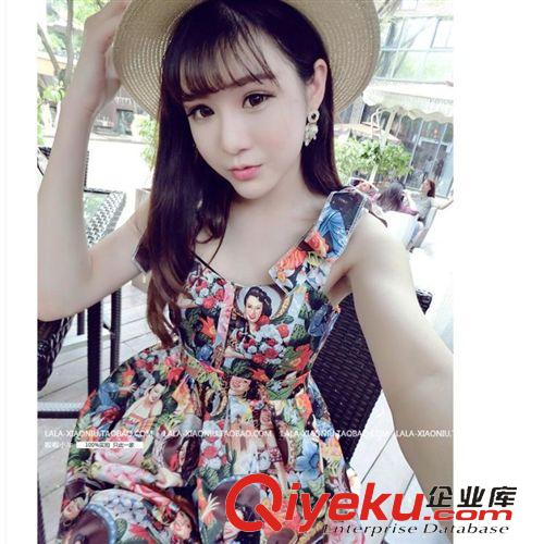 【連衣裙專區(qū)】 8554夏季新款時尚大牌彩色人像肩綁帶收腰連衣裙女好質(zhì)量原始圖片2