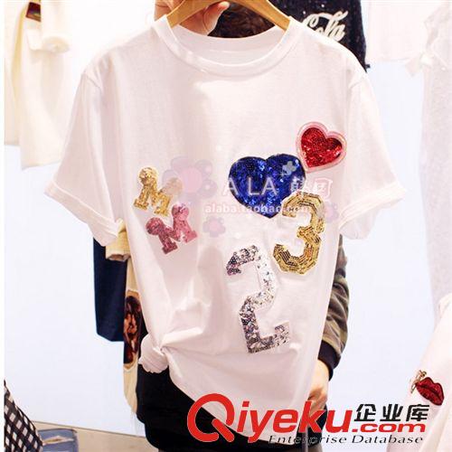 【韓國(guó)代購(gòu)新品】 2015夏季新款韓國(guó)東大門(mén)MICKEY亮片字母百搭短袖 t恤 女 8478原始圖片3